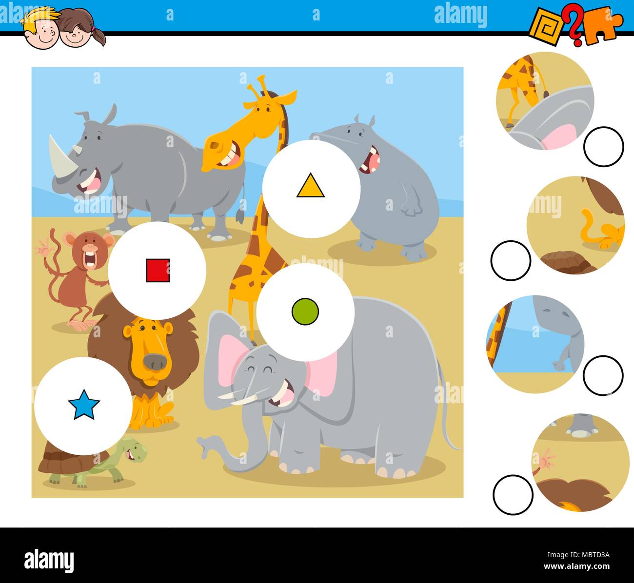 Cartoon Illustration de match d'éducation les pièces Jigsaw Puzzle jeu pour les enfants avec des personnages animaux Safari Illustration de Vecteur