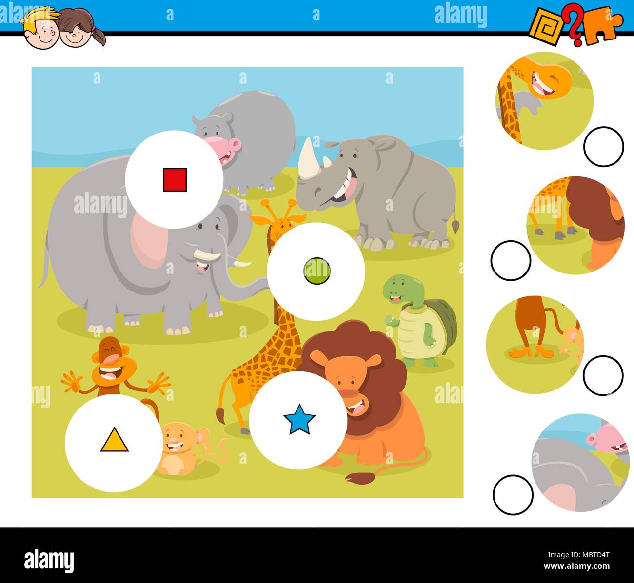 Cartoon Illustration de match d'éducation les pièces Jigsaw Puzzle jeu pour les enfants avec des personnages animaux sauvages Illustration de Vecteur