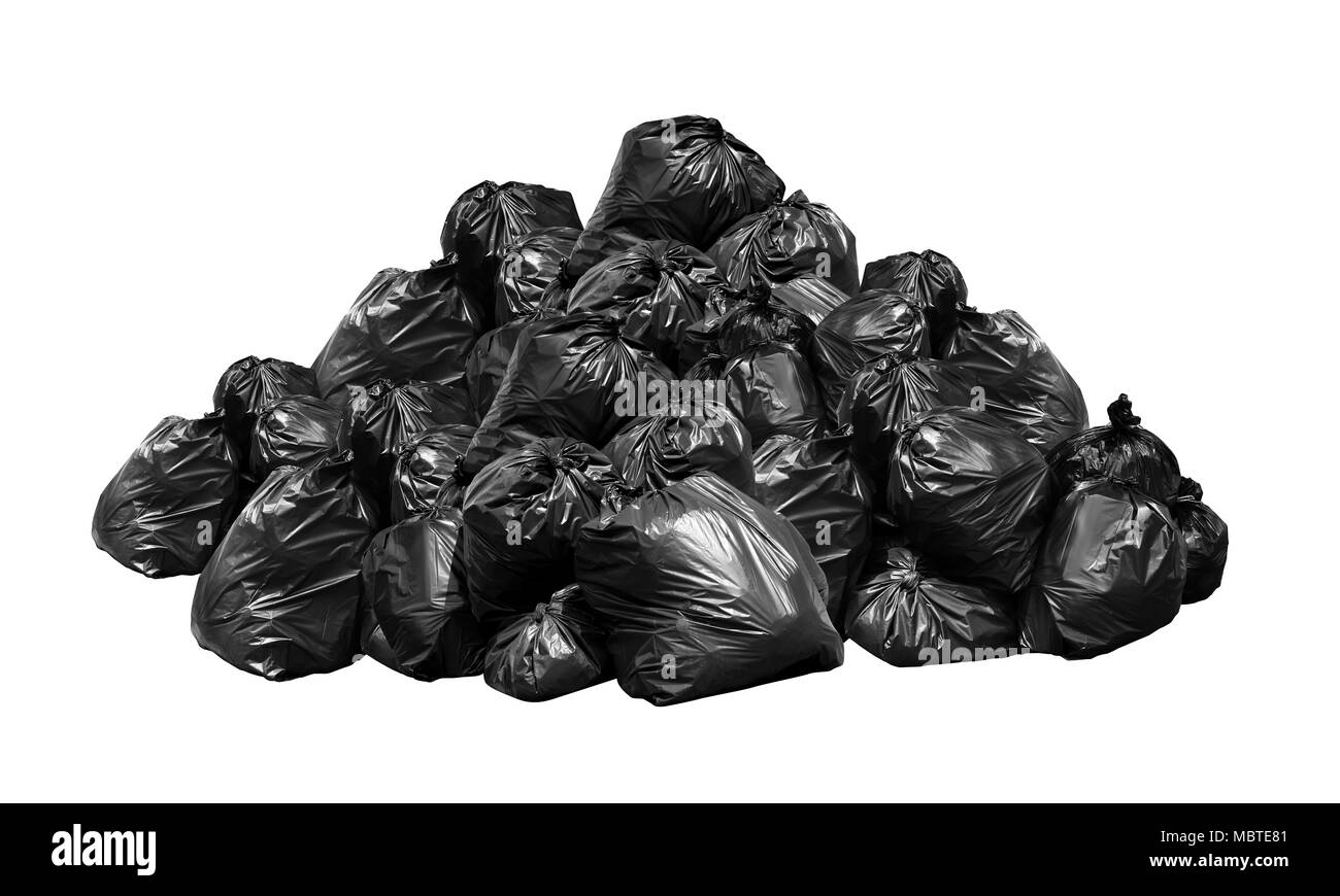 Sacs à déchets noirs beaucoup de pile de montagne hill, beaucoup tas de poubelle sacs noirs isolé sur fond blanc Banque D'Images