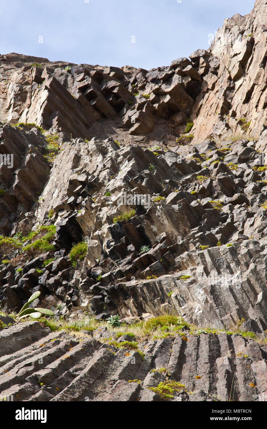 Portugal, Madère, Porto Santo, l'île de Pico Ana Ferreira, volcanique, le basalte, le volcanoclastic, structure colonnaire, prismes, Banque D'Images