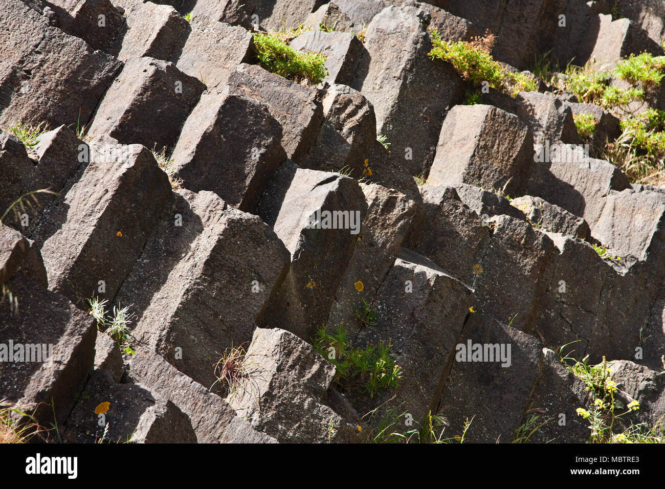 Portugal, Madère, Porto Santo, l'île de Pico Ana Ferreira, volcanique, le basalte, le volcanoclastic, structure colonnaire, prismes, Banque D'Images