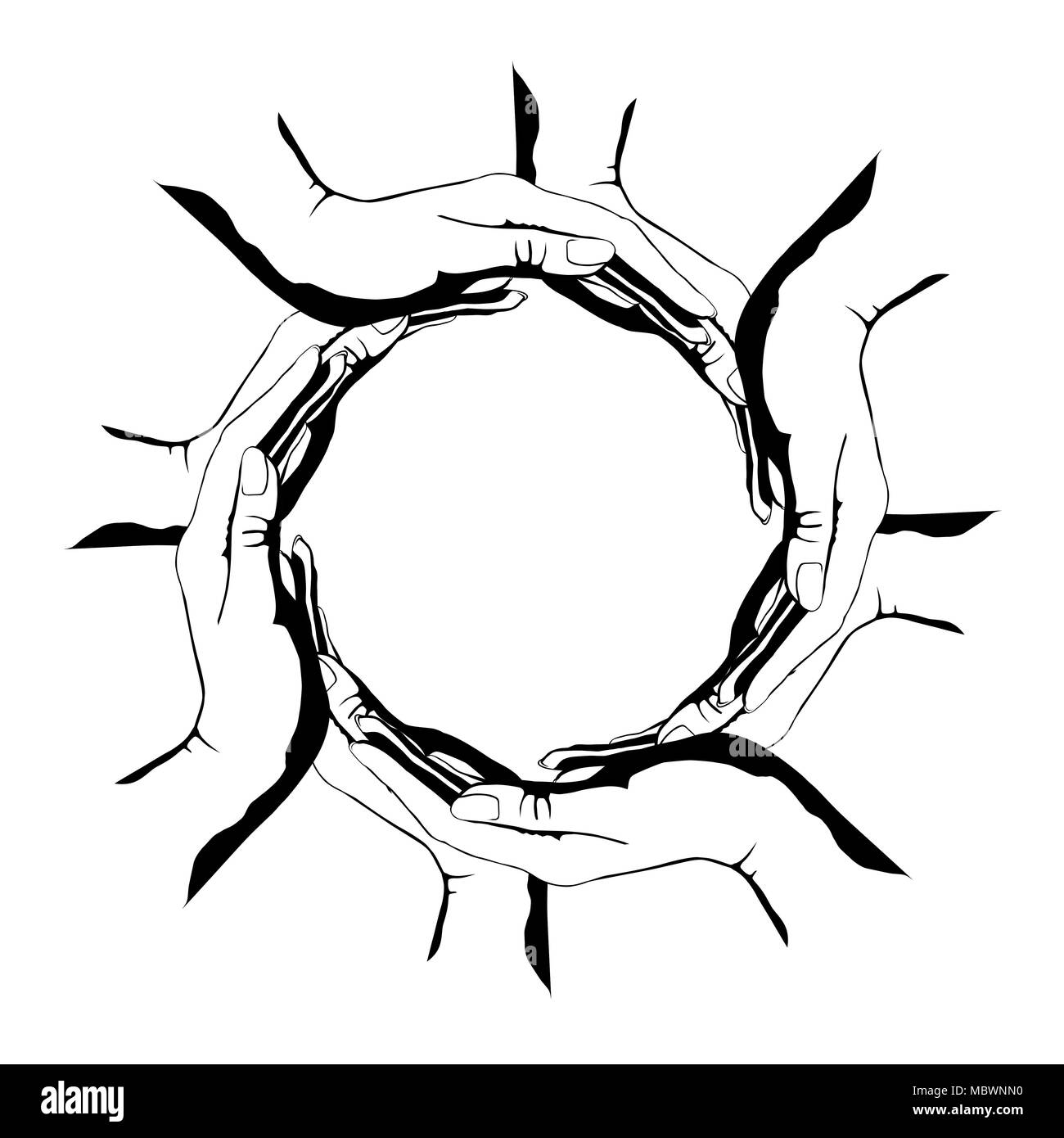 Un groupe de personnes faisant un cercle avec leurs mains. Le symbole rond conceptuelle illustration isolé sur fond blanc Banque D'Images