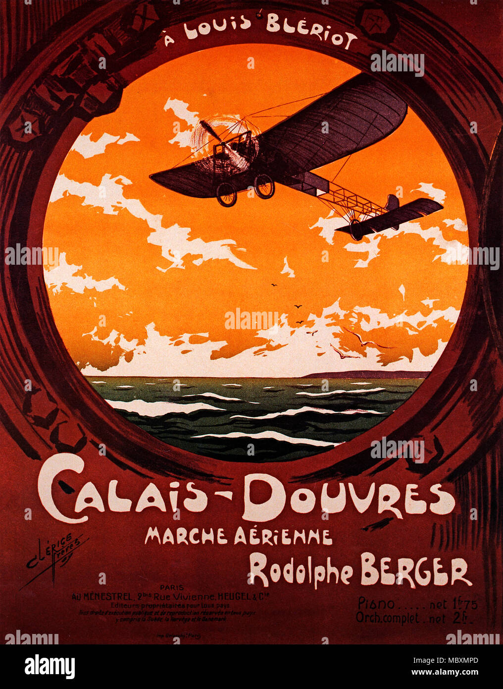 Louis Blériot, feuille de musique 1909 Célébration du premier vol propulsé à travers la Manche dans une machine plus lourde que l'air le 25 juillet dans un monoplan Blériot Type XI, de baraques, près de Calais, à Dover Banque D'Images