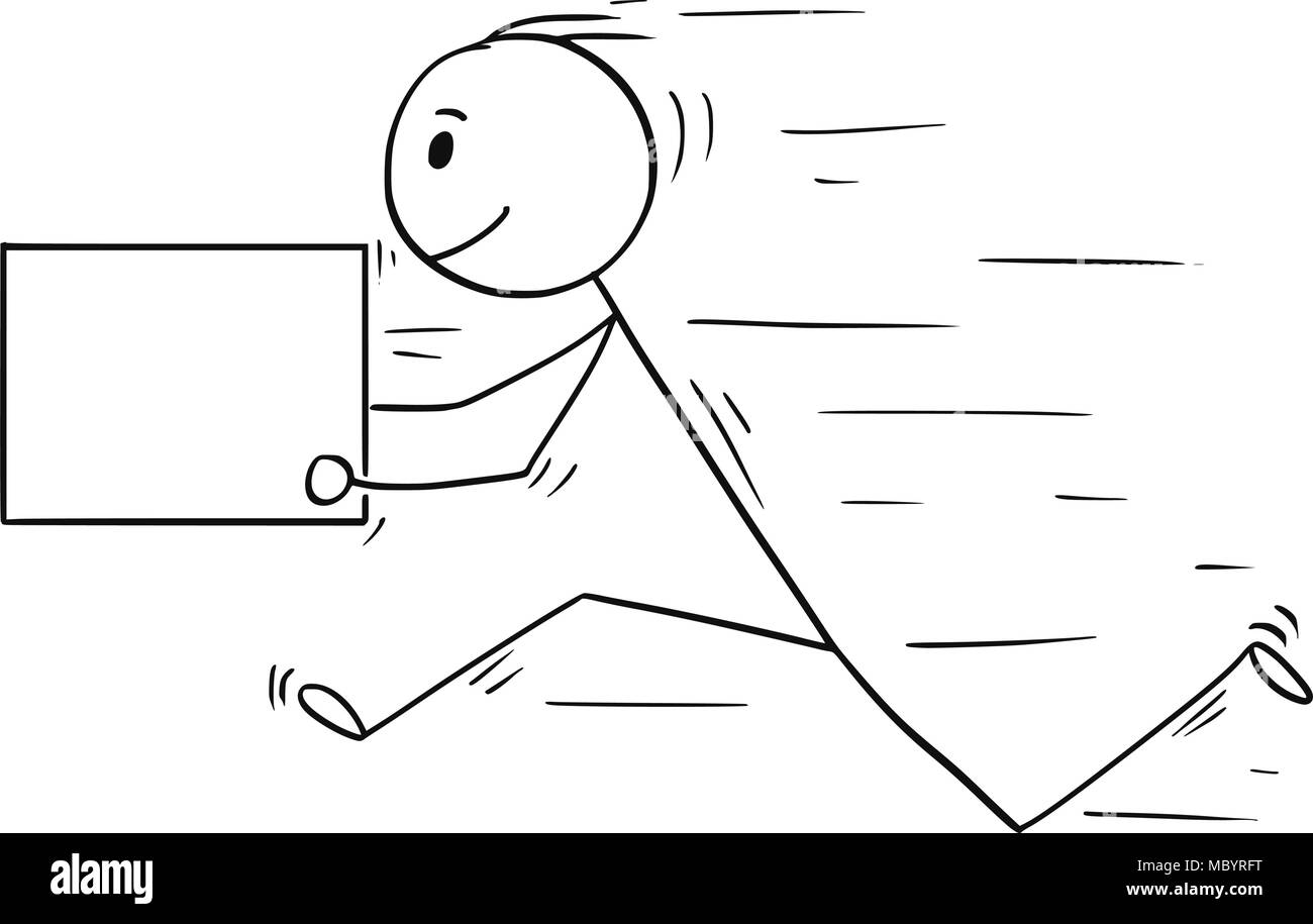Caricature de l'homme ou homme courir vite avec boîte de livraison, utilisable comme signe vide pour le texte Illustration de Vecteur
