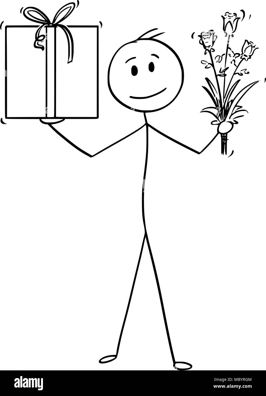 Caricature de l'homme d'affaires ou avec boîte-cadeau ou présent et bouquet de fleur dans ses mains Illustration de Vecteur