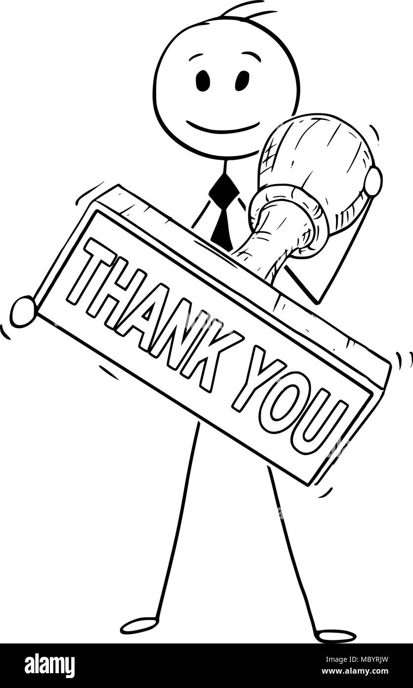 Cartoon of Businessman Holding grosse main Rubber Stamp Merci Illustration de Vecteur