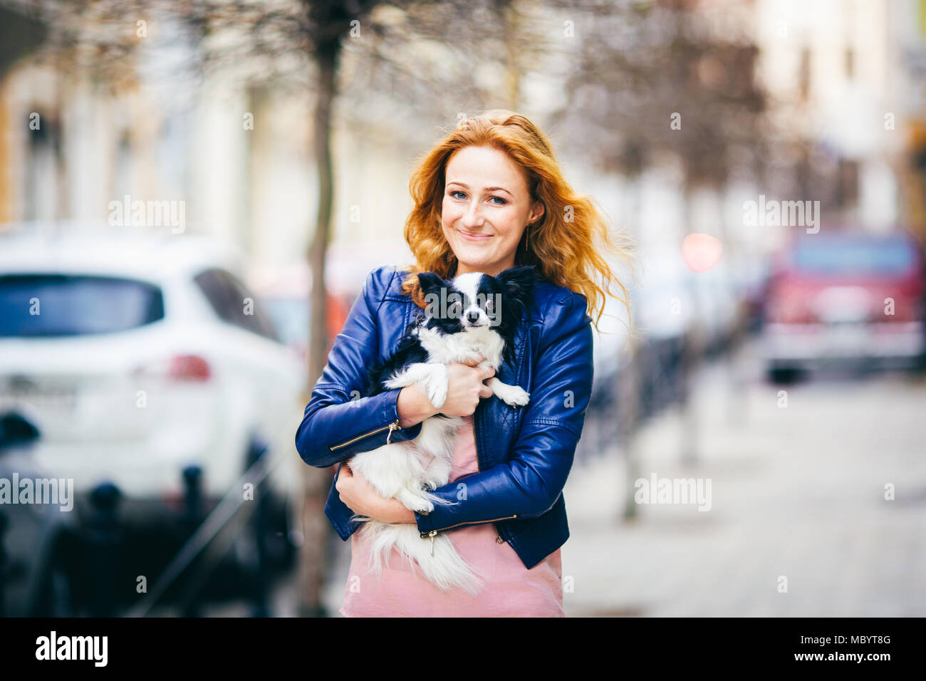 Objet l'homme et le chien. Une jeune femme de race blanche aux cheveux roux avec des taches de rousseur sur le visage est noir et blanc shaggy dog race chihuahua. La jeune fille vêtue de bl Banque D'Images