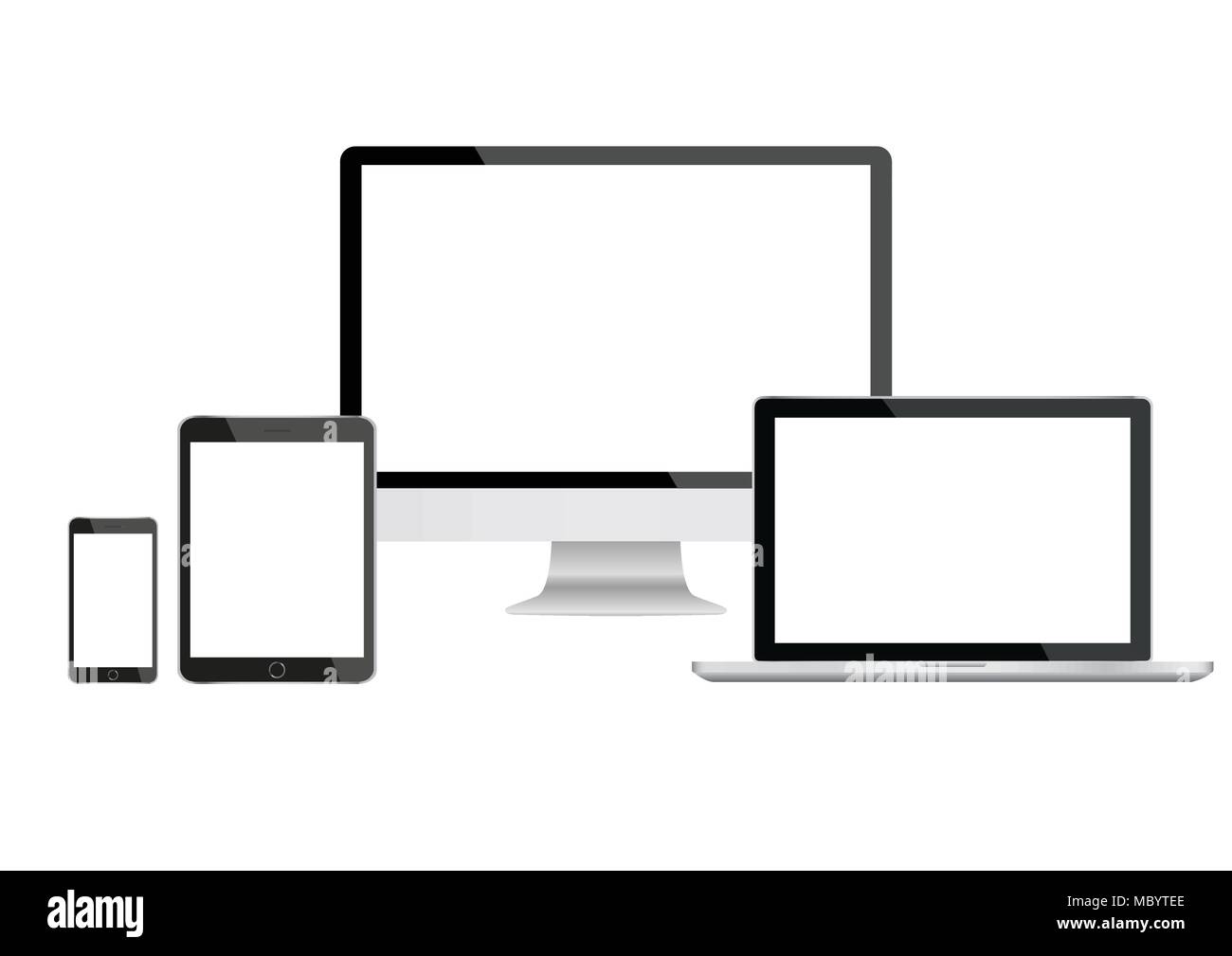 Immersive de gadget et périphérique : smartphones, tablettes, ordinateurs portables et les moniteurs couleur noire avec écran blanc isolé sur fond. stock vector Illustration de Vecteur