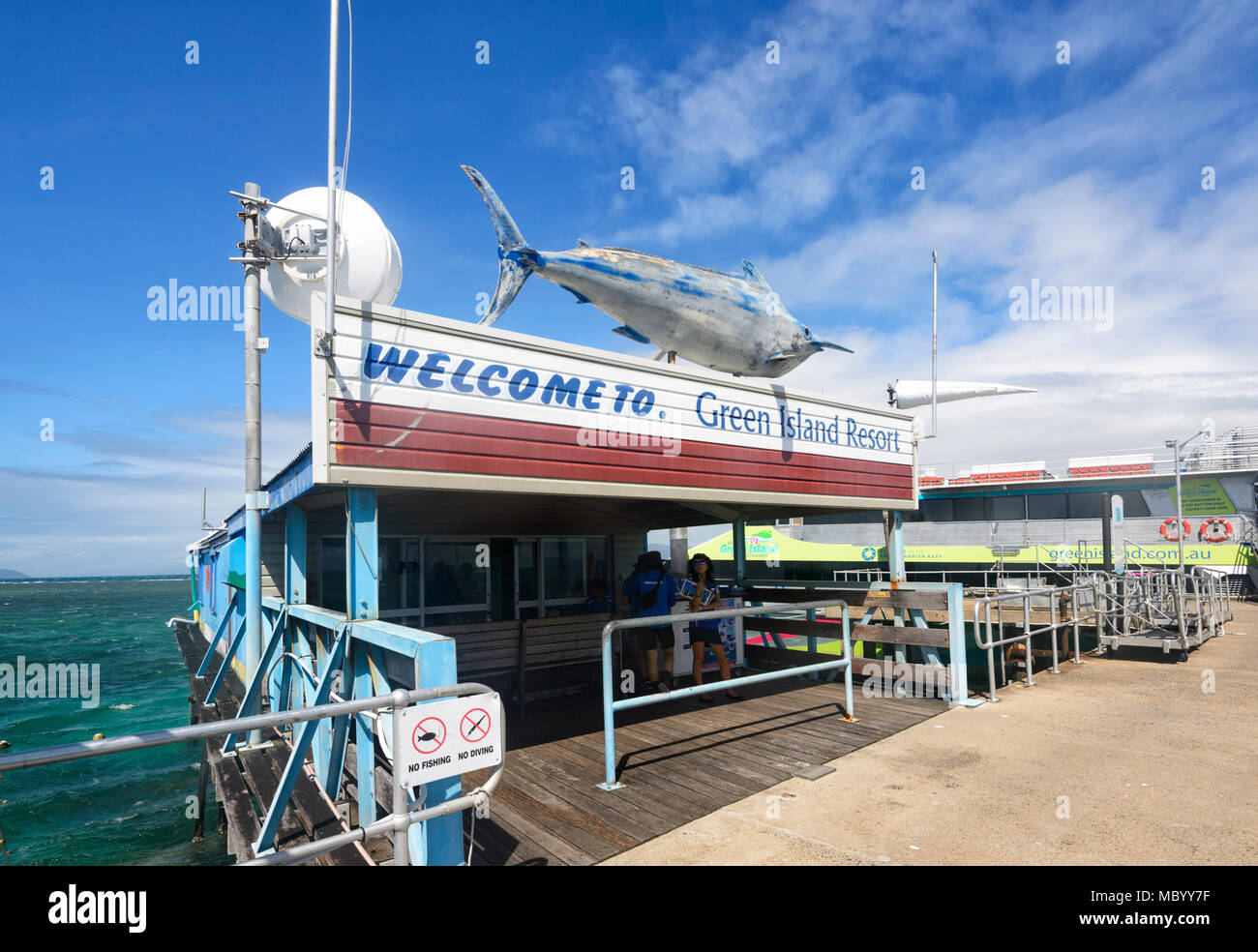 Bienvenue à Green Island Resort signe, Grande Barrière de corail, l'extrême nord du Queensland, Queensland, FNQ, GBR, Australie Banque D'Images