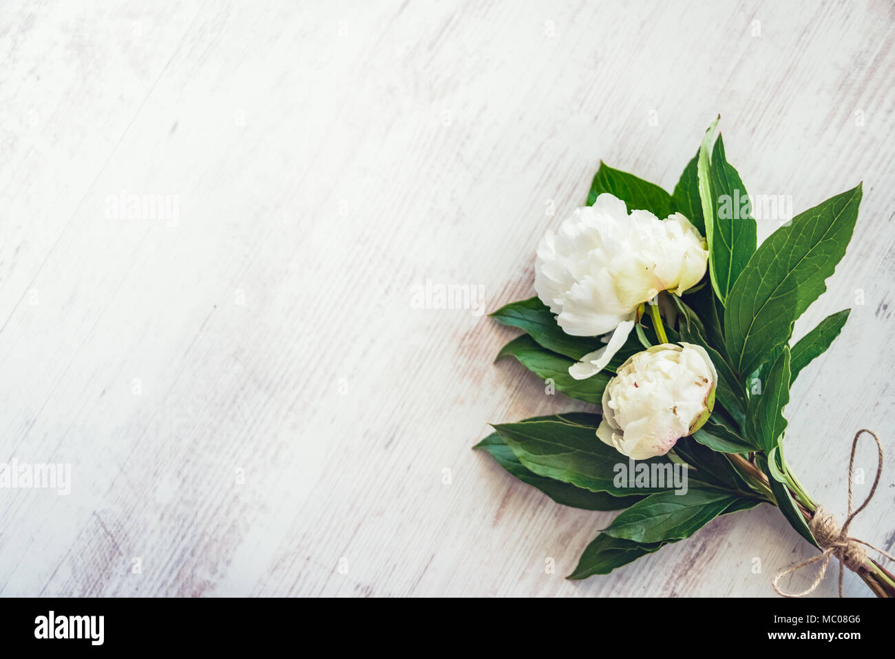 Vue de dessus d'un bouquet de fleurs de pivoines blanches sur fond rustique en bois blanc. Copier l'espace. Banque D'Images