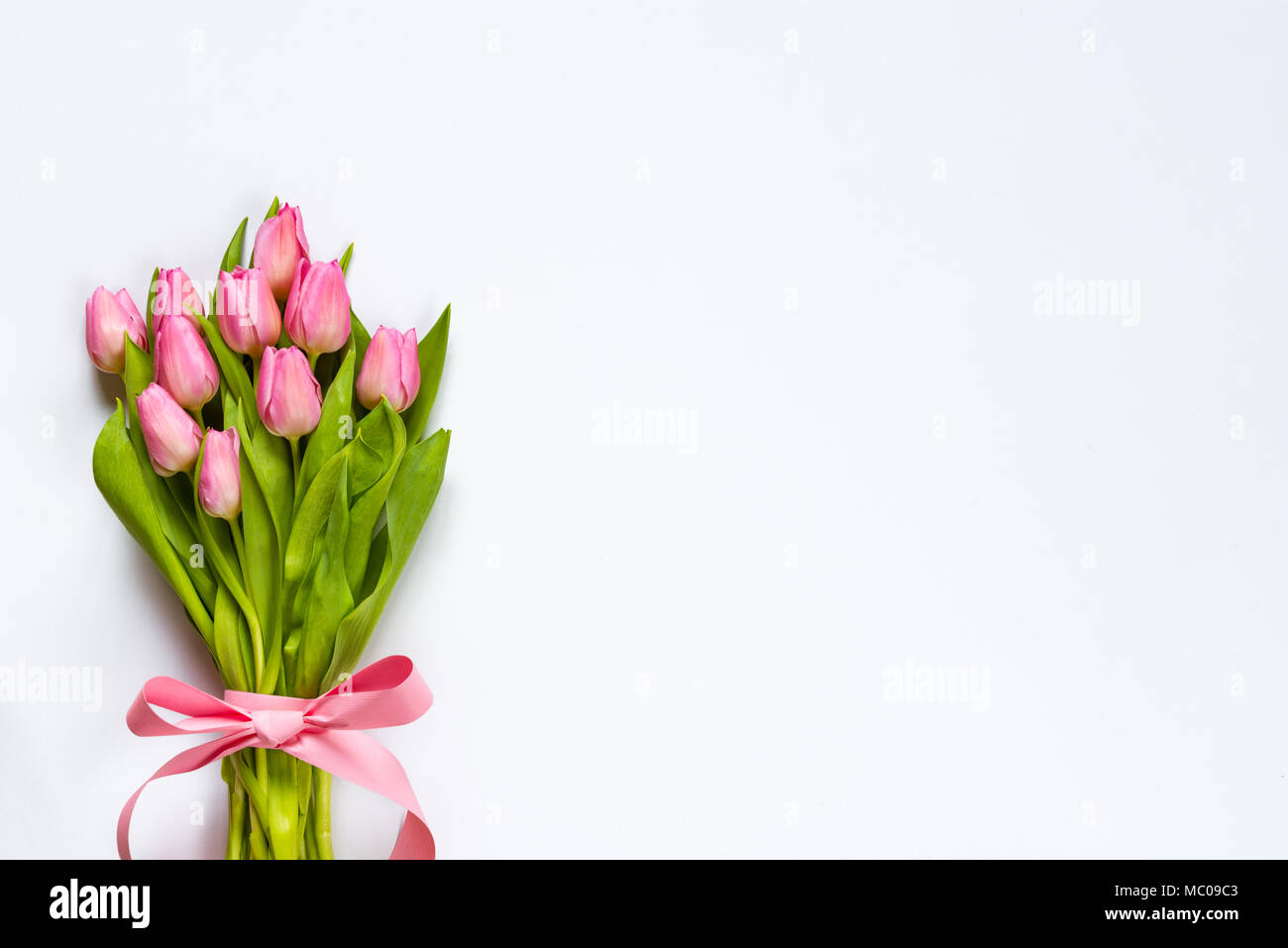 Vue de dessus de tulipes roses bouquet, enveloppés de ruban rose sur fond blanc. Copier l'espace. Banque D'Images