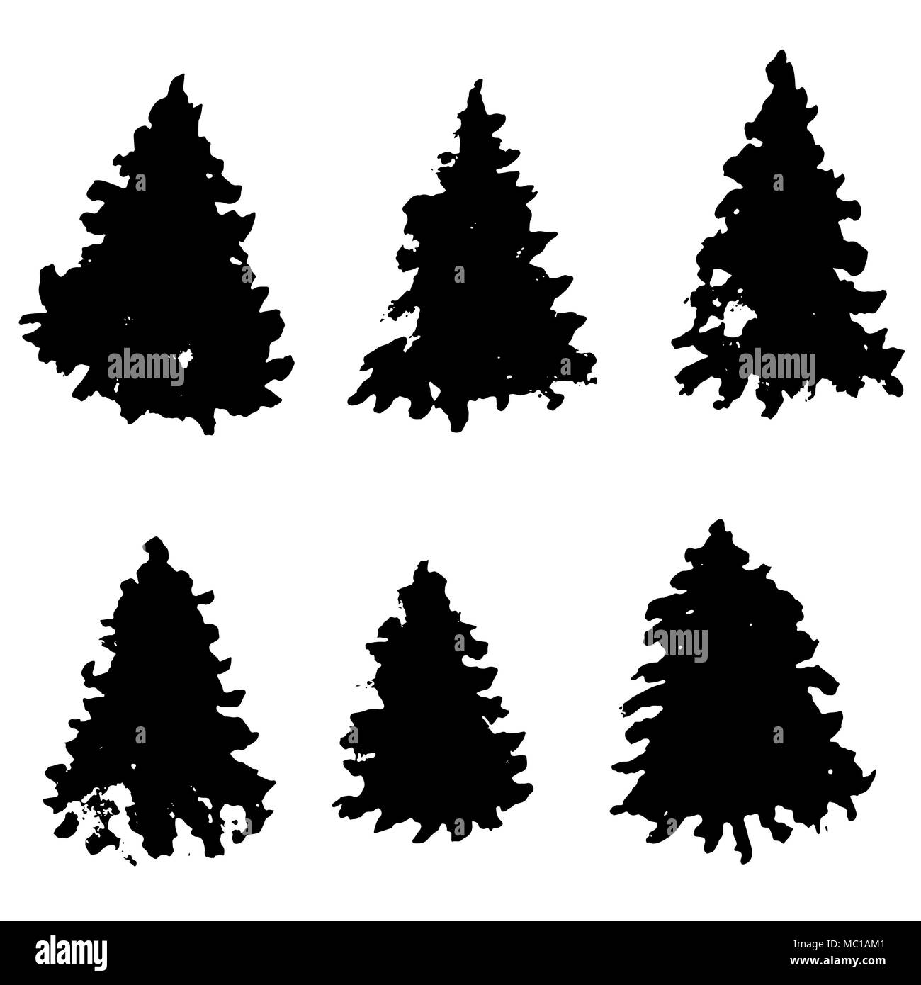 Jeu de silhouettes de sapins. Grunge noir les arbres de Noël. Aquarelle sapins isolé sur fond blanc. Vector illustration. Illustration de Vecteur