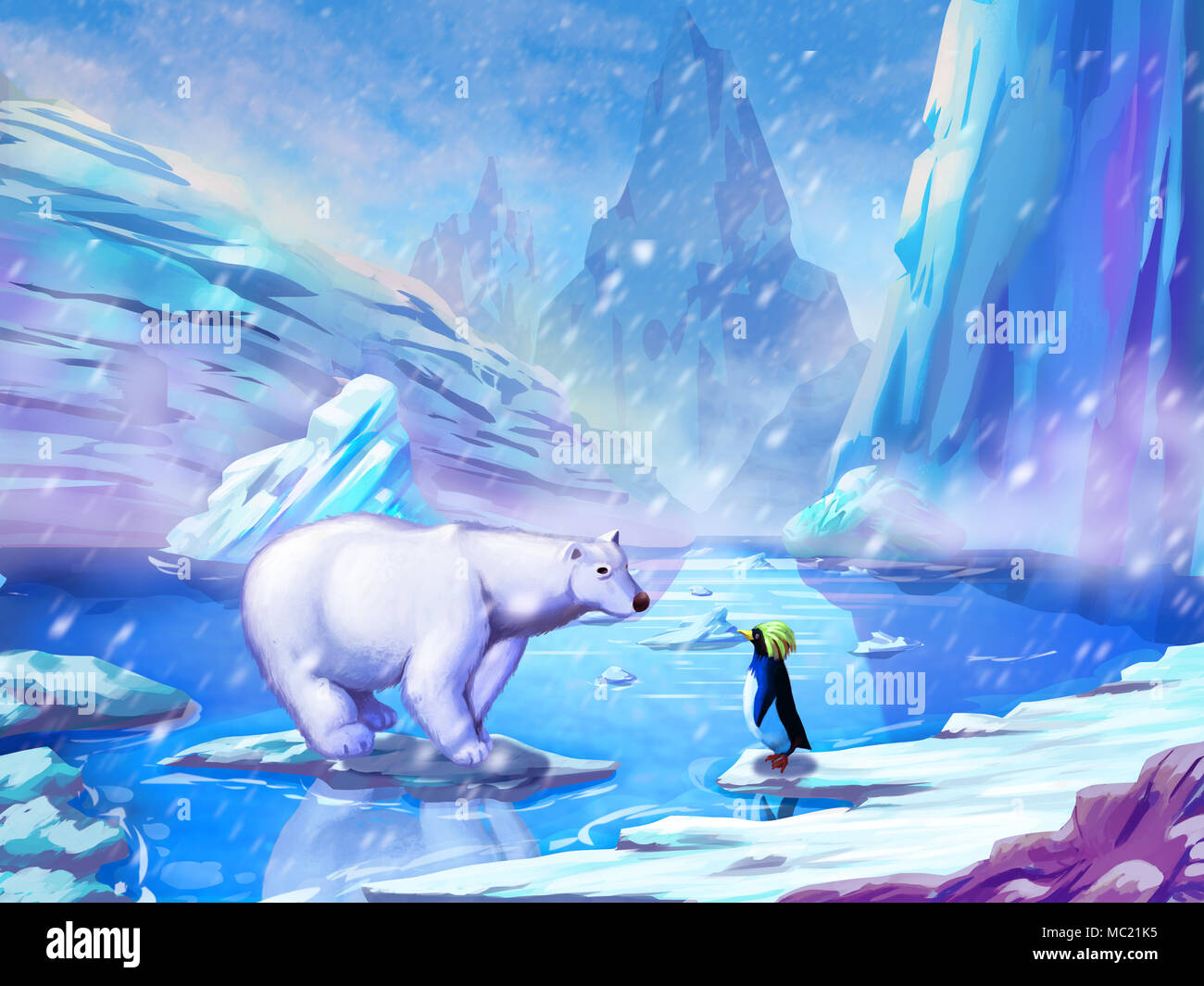 L'ours et le Pingouin, réaliste et fantastique avec un style futuriste. Jeu vidéo numérique du CG Art, Concept Illustration, Caricature réaliste Banque D'Images