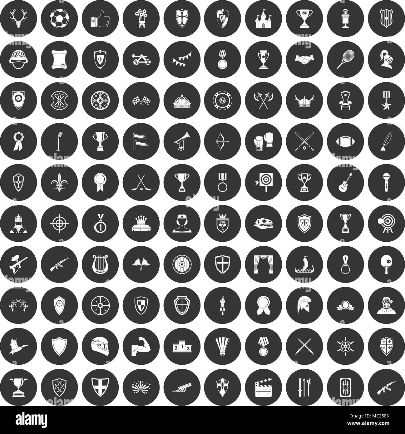 100 bourses et trophées icons set cercle noir Illustration de Vecteur