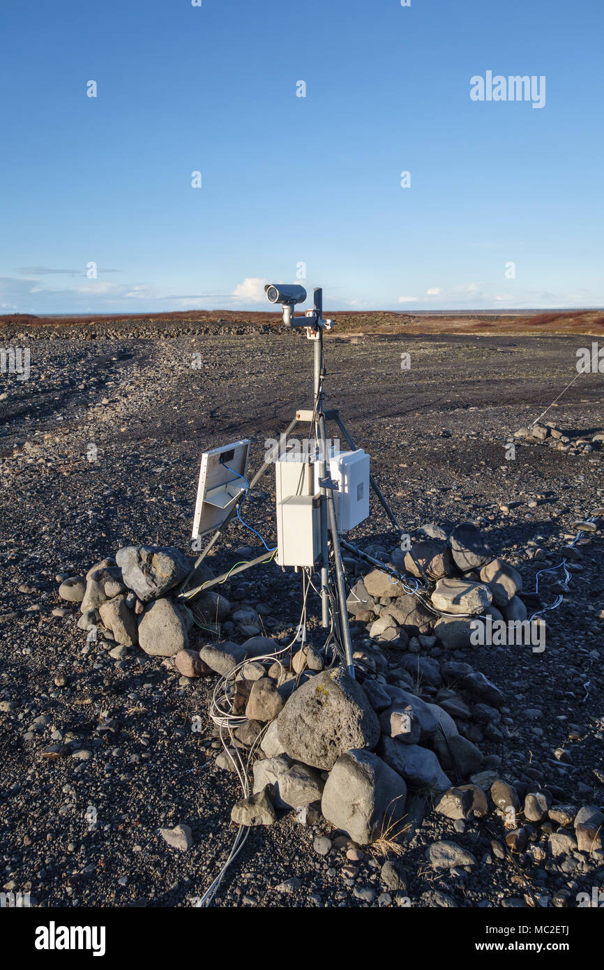 Le sud de l'Islande. L'équipement de surveillance géologique utilisé pour détecter les mouvements de la terre et d'annoncer à l'avance des tremblements de terre ou les éruptions volcaniques Banque D'Images