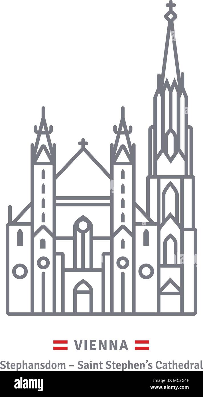 L'icône de la ligne de l'Autriche. La Cathédrale de Saint Stephens et drapeau autrichien illustration vectorielle. Illustration de Vecteur