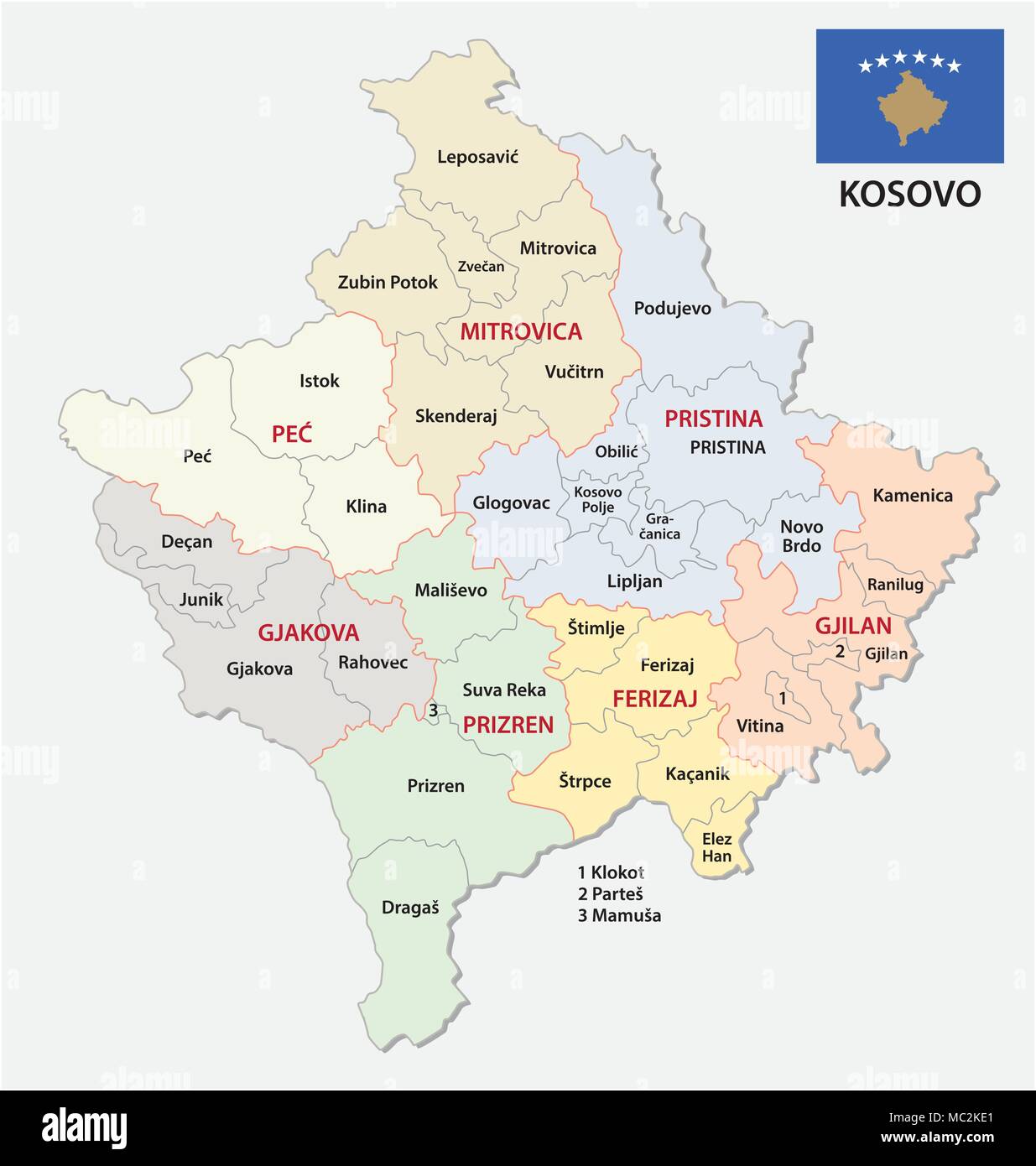 Administratif et politique du Kosovo carte vectorielle avec drapeau Illustration de Vecteur