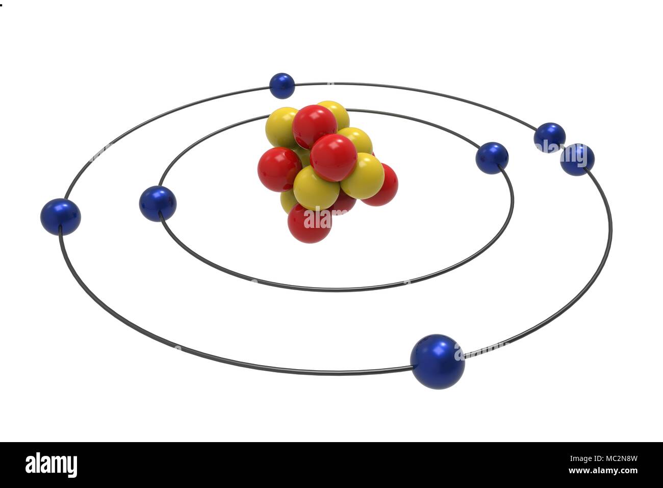 Modèle de Bohr de l'atome d'azote avec des neutrons, protons et électrons. La science et concept chimique 3d illustration Banque D'Images