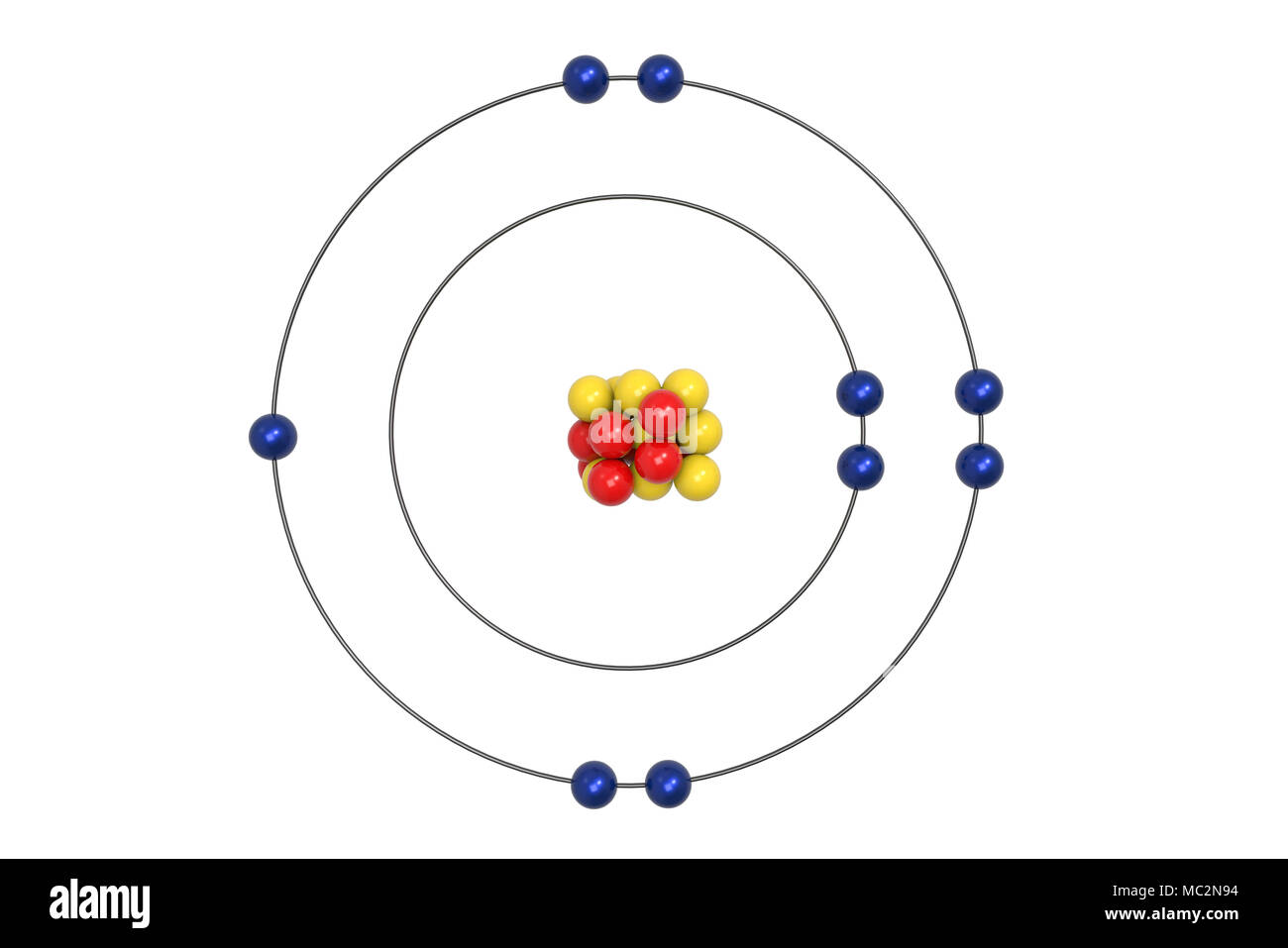 Le modèle de Bohr de l'atome de fluor avec proton, neutron et électron. 3d illustration Banque D'Images