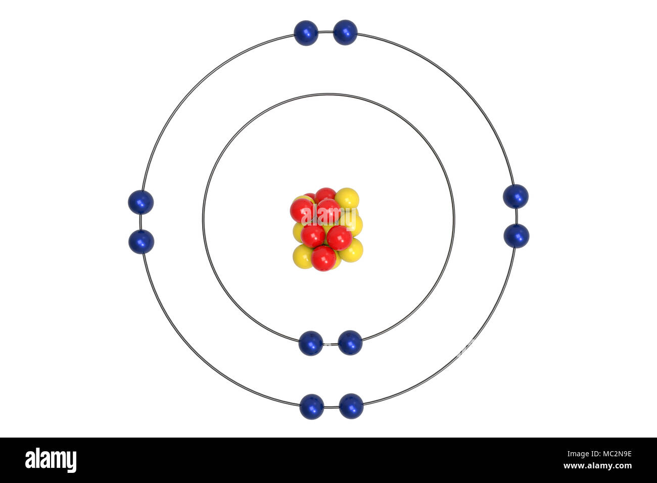 Modèle de Bohr de l'atome de néon avec proton, neutron et électron. 3d illustration Banque D'Images