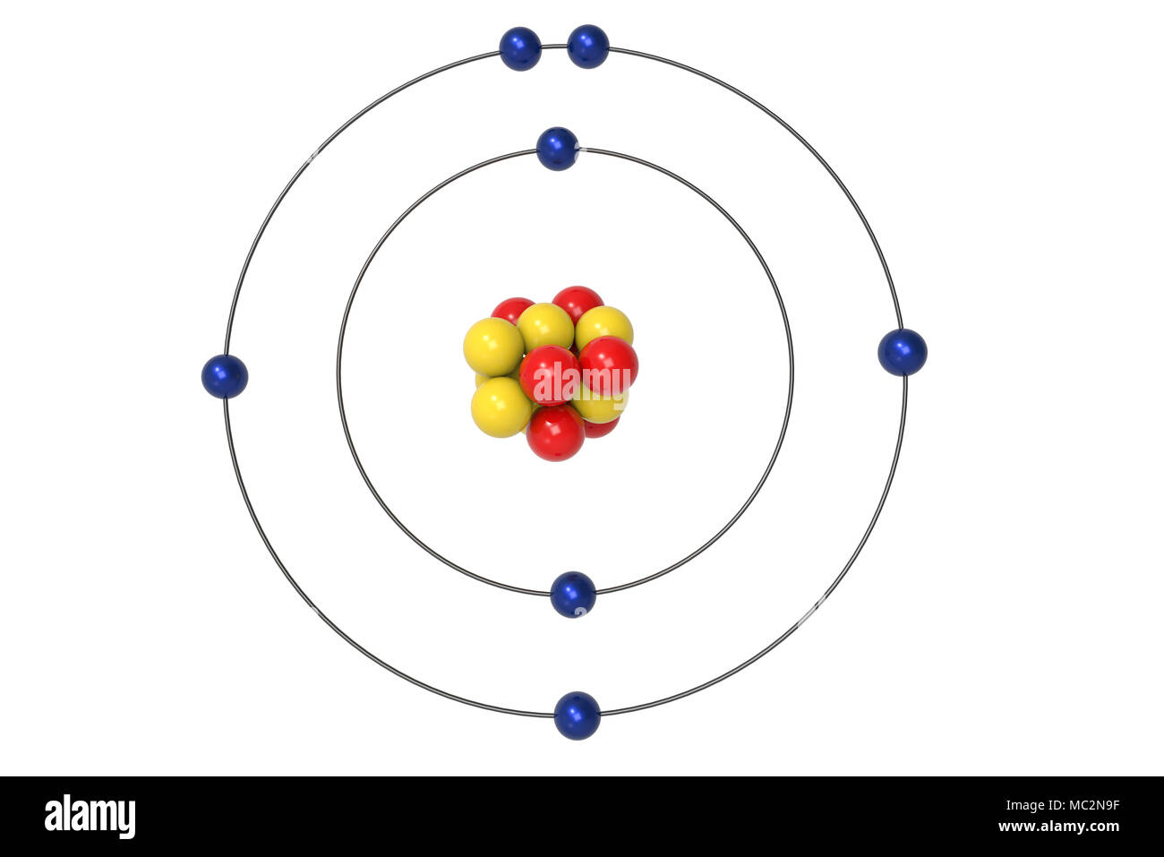 Le modèle de Bohr de l'atome d'azote avec des neutrons, protons et électrons. 3d illustration Banque D'Images