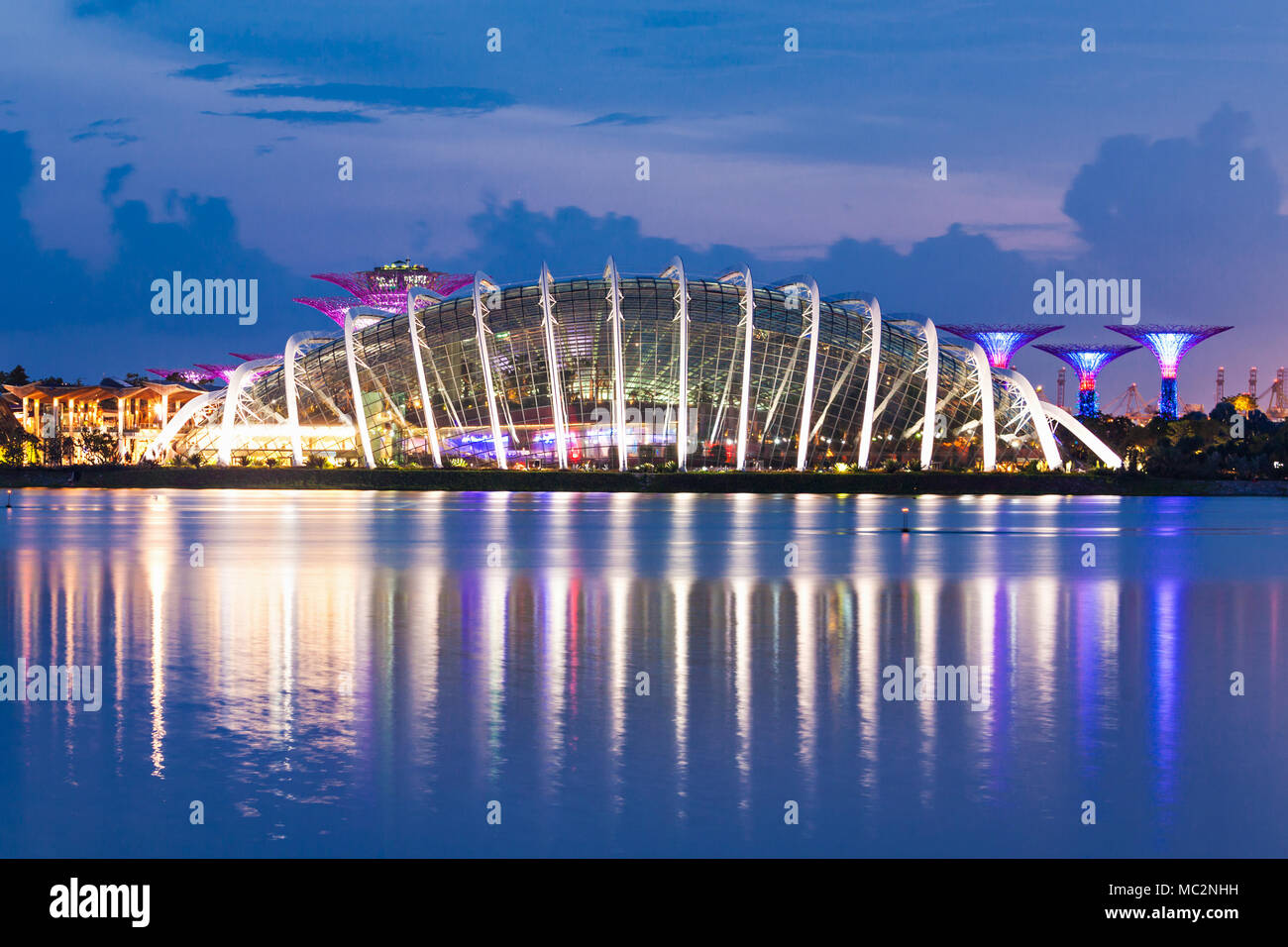 Singapour - le 16 octobre 2014 : Dôme de fleurs à Marina Bay Garden au coucher du soleil. Banque D'Images