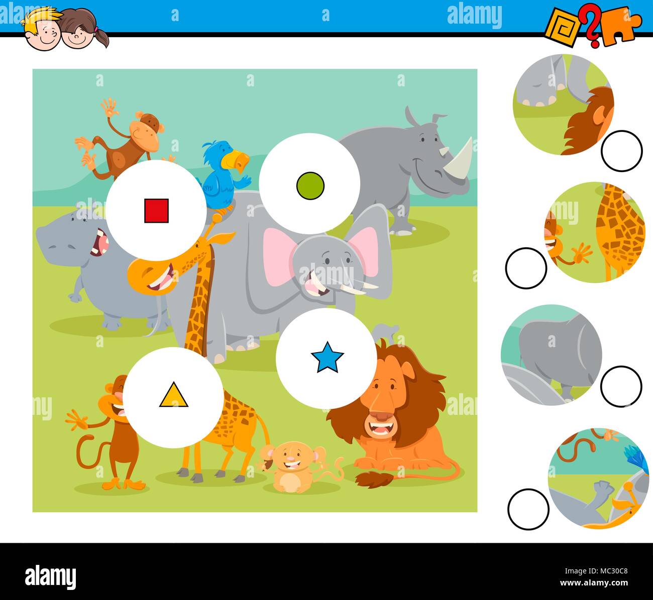 Cartoon Illustration de match d'éducation les pièces Jigsaw Puzzle jeu pour les enfants avec des personnages animaux Safari Sauvage Illustration de Vecteur