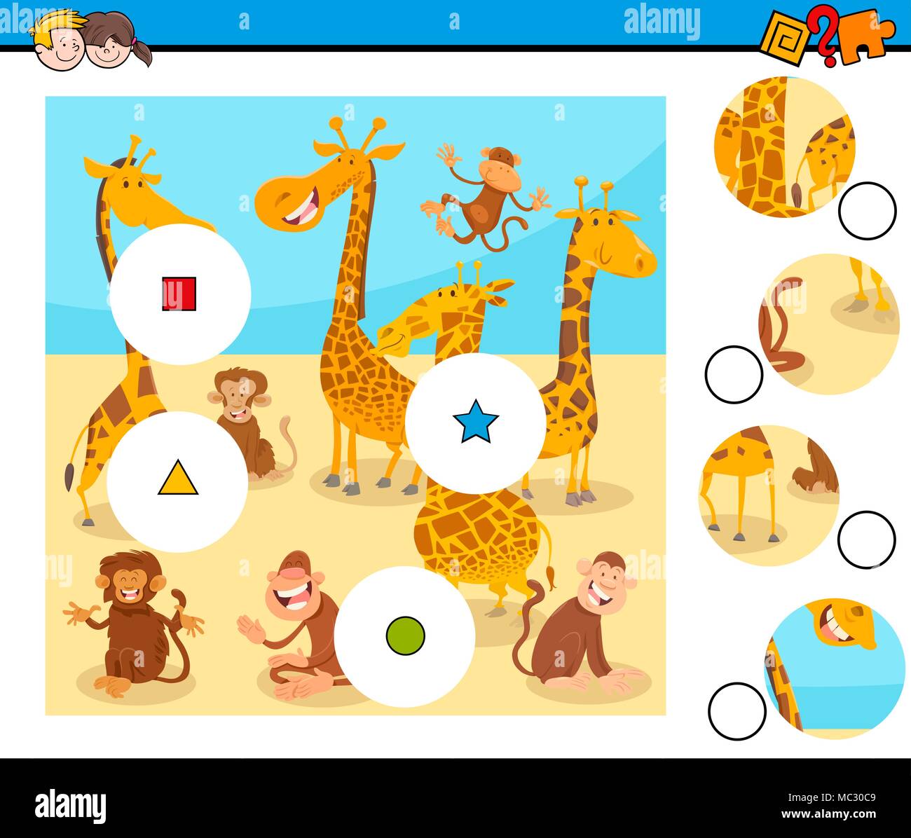 Cartoon Illustration de match d'éducation les pièces Jigsaw Puzzle jeu pour les enfants avec des singes et des girafes caractères Animaux Illustration de Vecteur