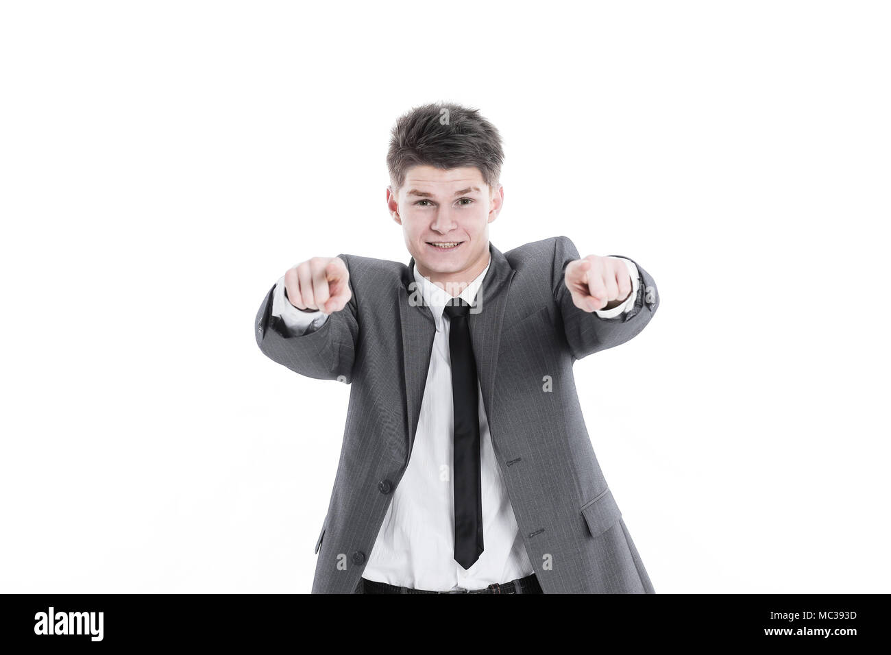 Handsome businessman montrant les mains en avant.isolé sur fond blanc Banque D'Images