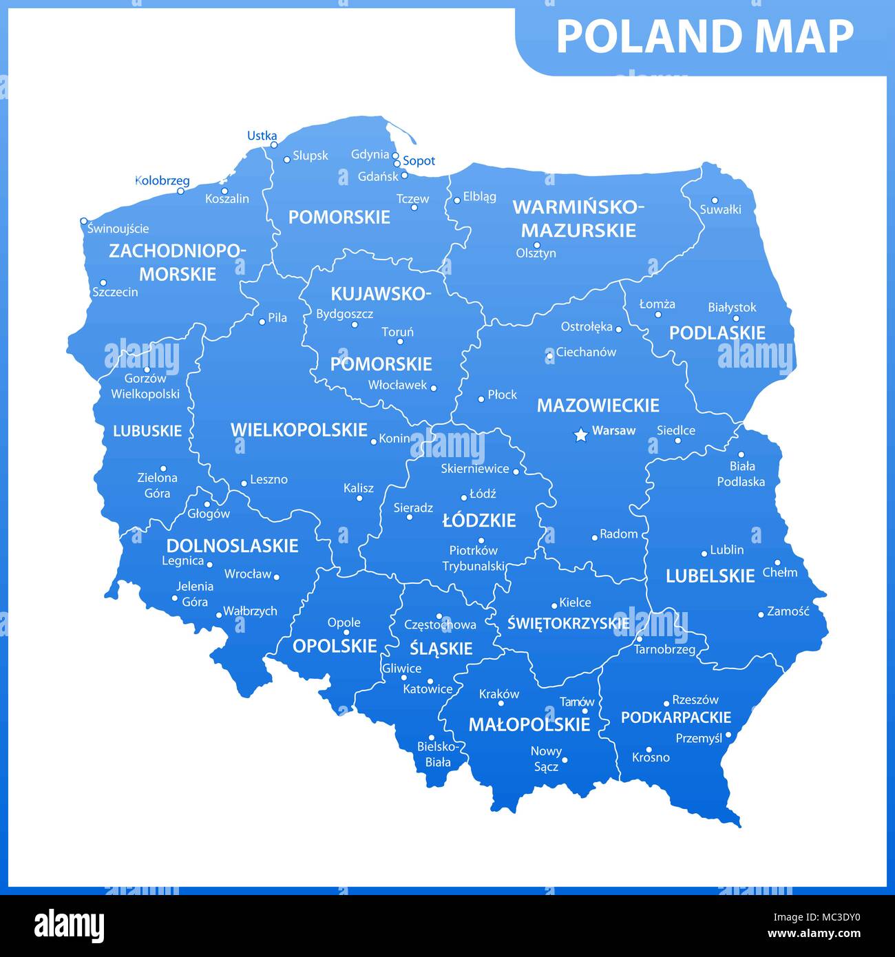 La carte détaillée de la Pologne avec les régions ou États et villes, capitales. Division administrative Illustration de Vecteur