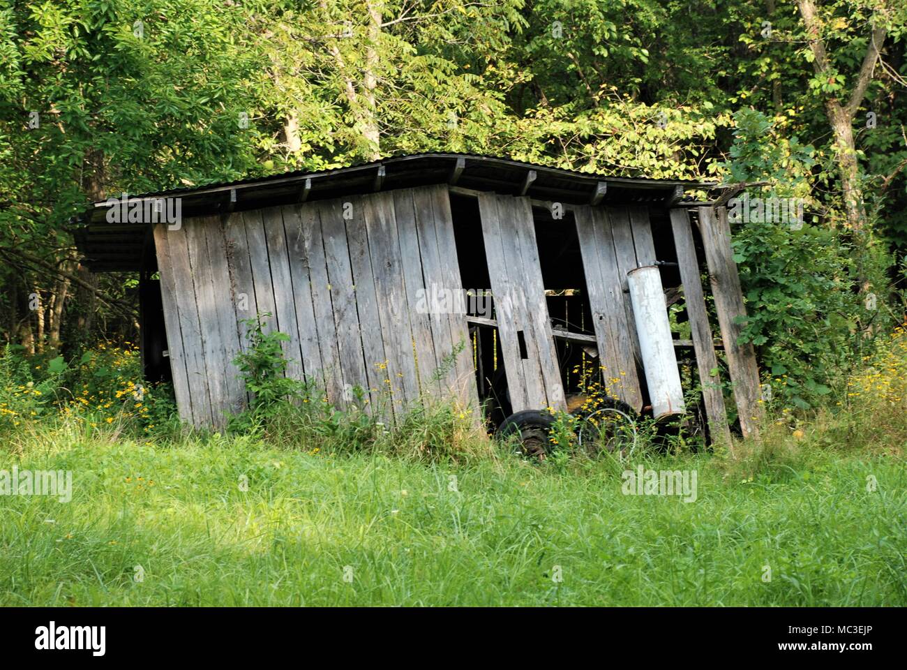 Scierie abandonnée s'effondrer dans les bois dans le sud-est de l'Iowa USA Banque D'Images