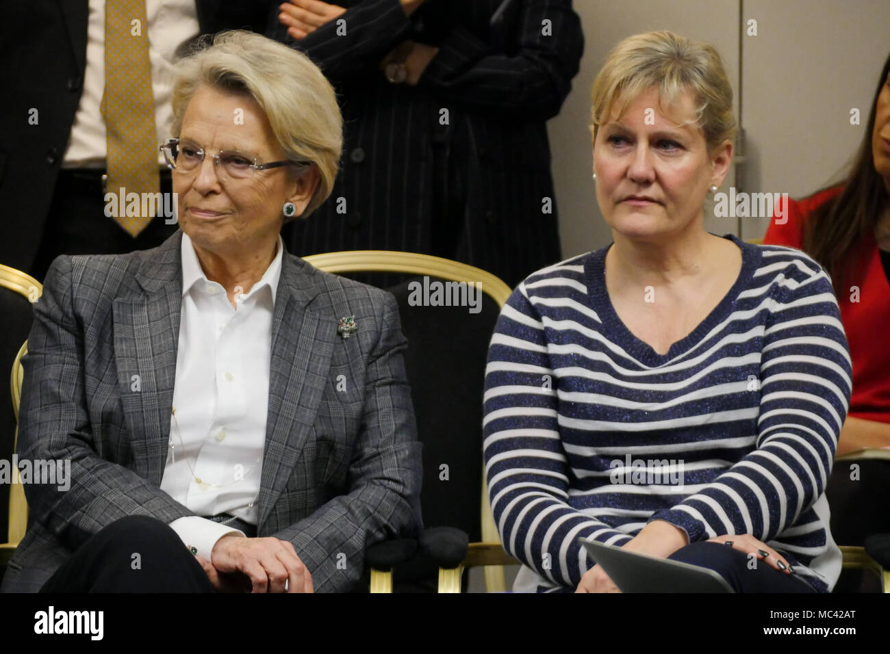 Lyon, France, 12 avril 2018 : En tant que groupe PPE (Parti Populaire Européen) détient 24 réunion de Lyon (Centre-est de la France), le 12 avril 2018, Michèle Alliot-Marie et Nadine Morano assister aux conférence de presse organisée en présence du président bénéficiait du large Les, Laurent Wauquiez. Credit : Serge Mouraret/Alamy Live News Banque D'Images