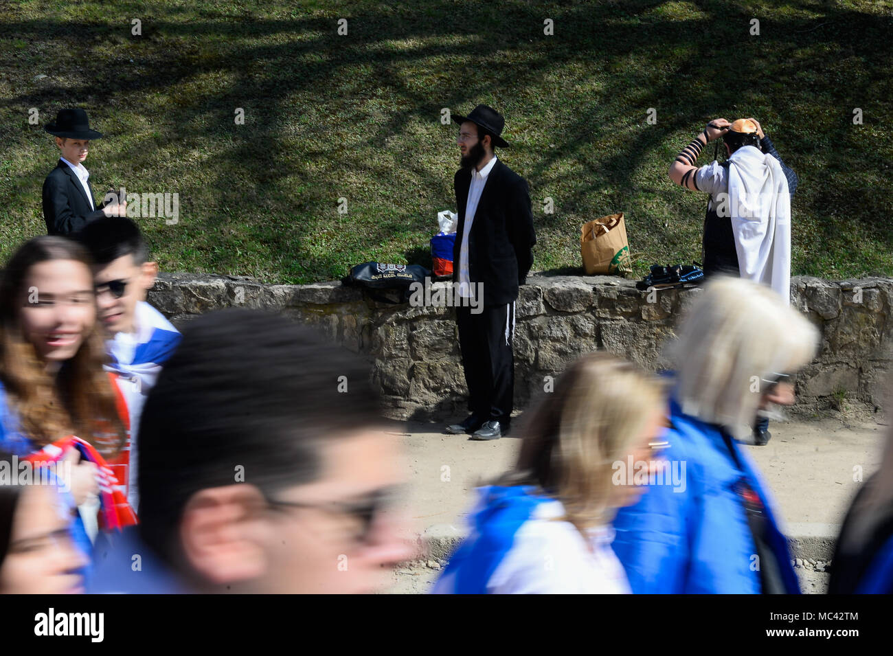 Les juifs orthodoxes prient à l'ancien camp de la mort nazi d'Auschwitz-Birkenau allemande au cours de la 'Marche de la vie" à Oswiecim. La marche annuelle rend hommage aux victimes de l'Holocauste dans l'ancien camp de la mort nazi d'Auschwitz-Birkenau allemande dans le sud de la Pologne. Banque D'Images