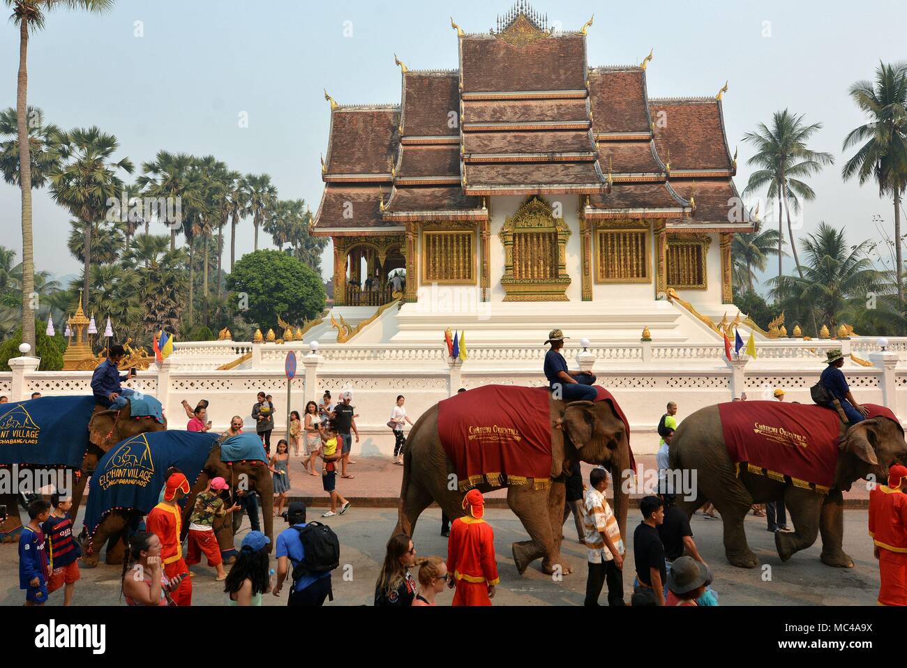 Luang Prabang. 13 avr, 2018. Photo prise le 13 avril 2018 montre la scène d'elephant parade à Luang Prabang, Laos. Luang Prabang a tenu un elephant parade le vendredi pour célébrer la nouvelle année. Credit : Liu Ailun/Xinhua/Alamy Live News Banque D'Images