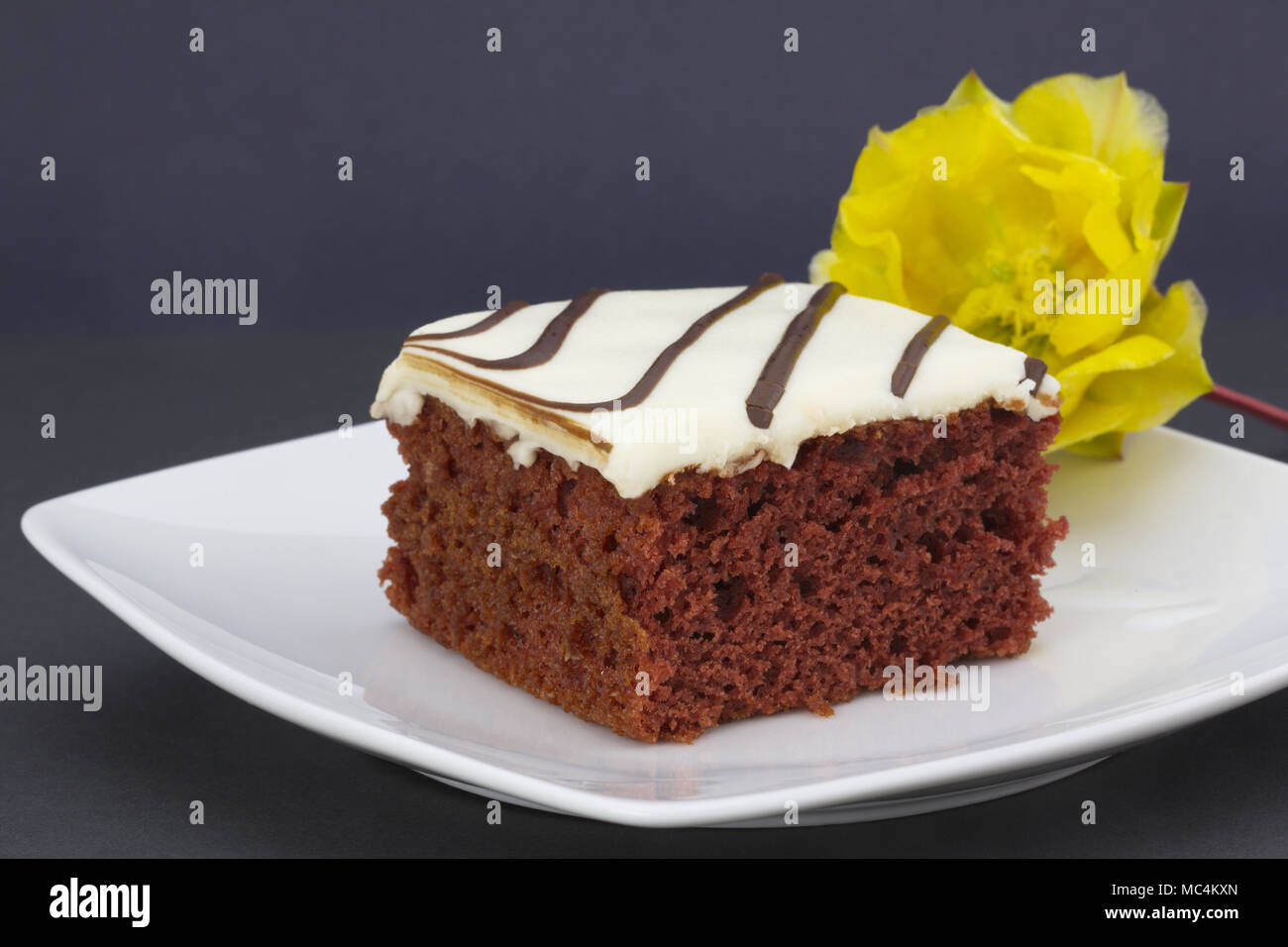 Square Tranche De Gateau De Velours Rouge Avec Du Glacage Blanc Sur Plateau La Figue De Barbarie A Fleur Jaune Ajoute Cote Sud Ouest De L Accent Simple Elegant Horizontal P Photo Stock