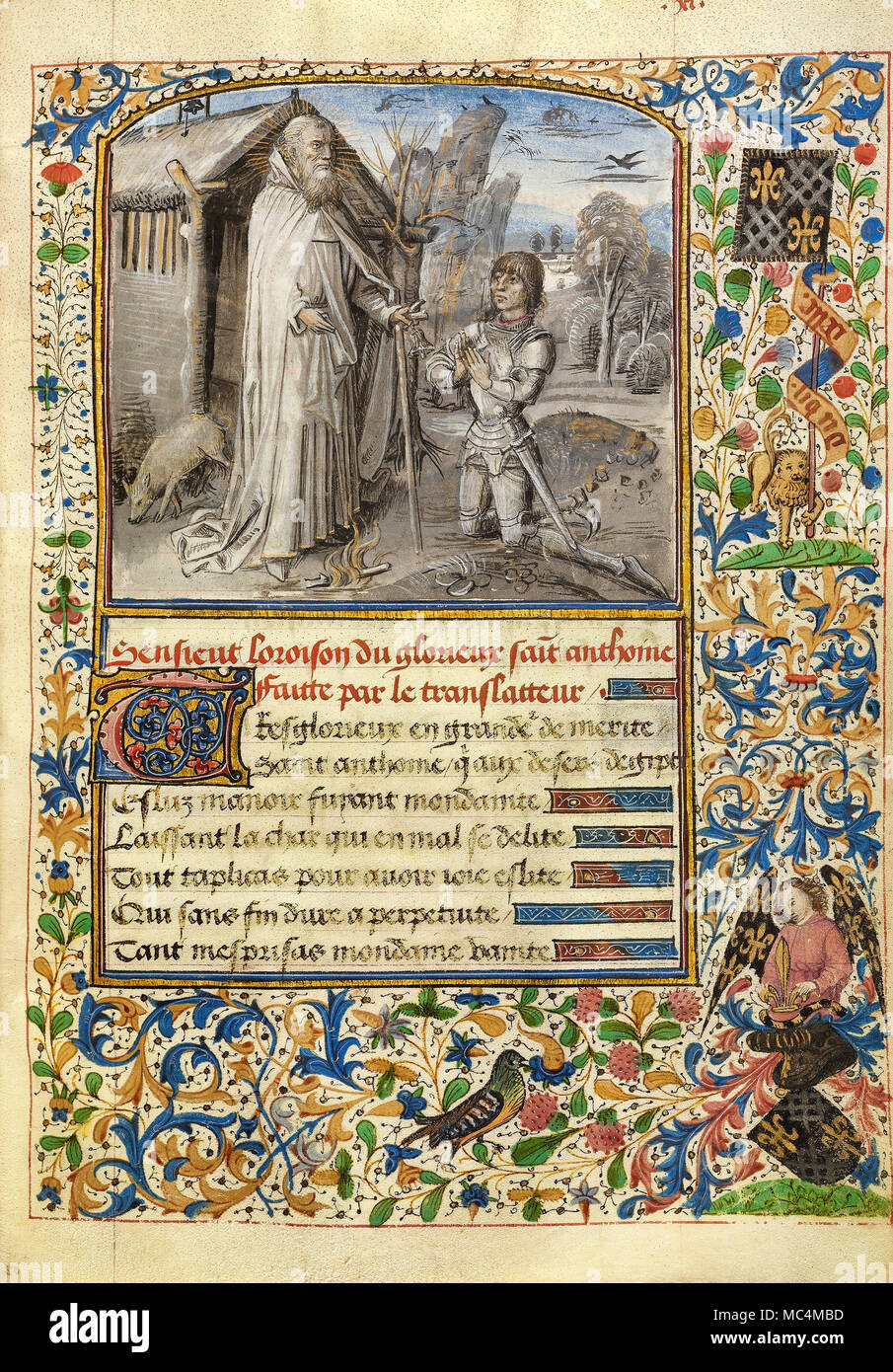 Maître de Girart de Roussillon, un jeune chevalier en armure à genoux en prière devant Saint Antoine. Circa 1465-1470. Température de couleurs, feuille d'or, de l'or Banque D'Images