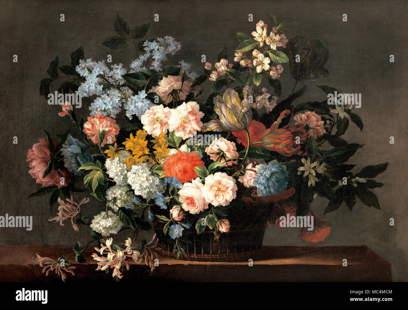 Jean-Baptiste Monnoyer, Nature morte avec panier de fleurs. Vers 1690. Huile sur toile. Art Gallery of South Australia, North Terrace, l'Australie. Banque D'Images
