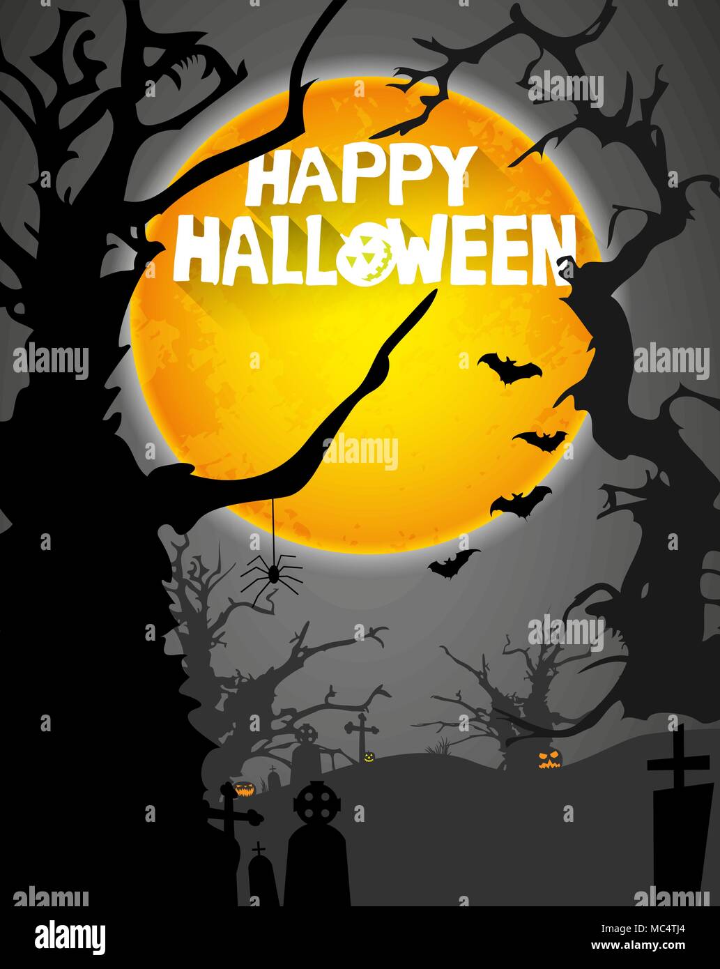 Abstract background halloween creepy avec arbre, pierres tombales, chauve-souris, citrouilles, lune Illustration de Vecteur