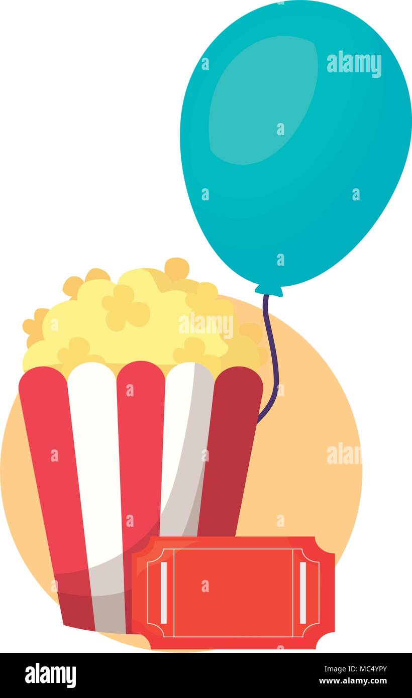 Pop corn avec ballon et icône ticket sur fond blanc, design coloré. vector illustration Illustration de Vecteur