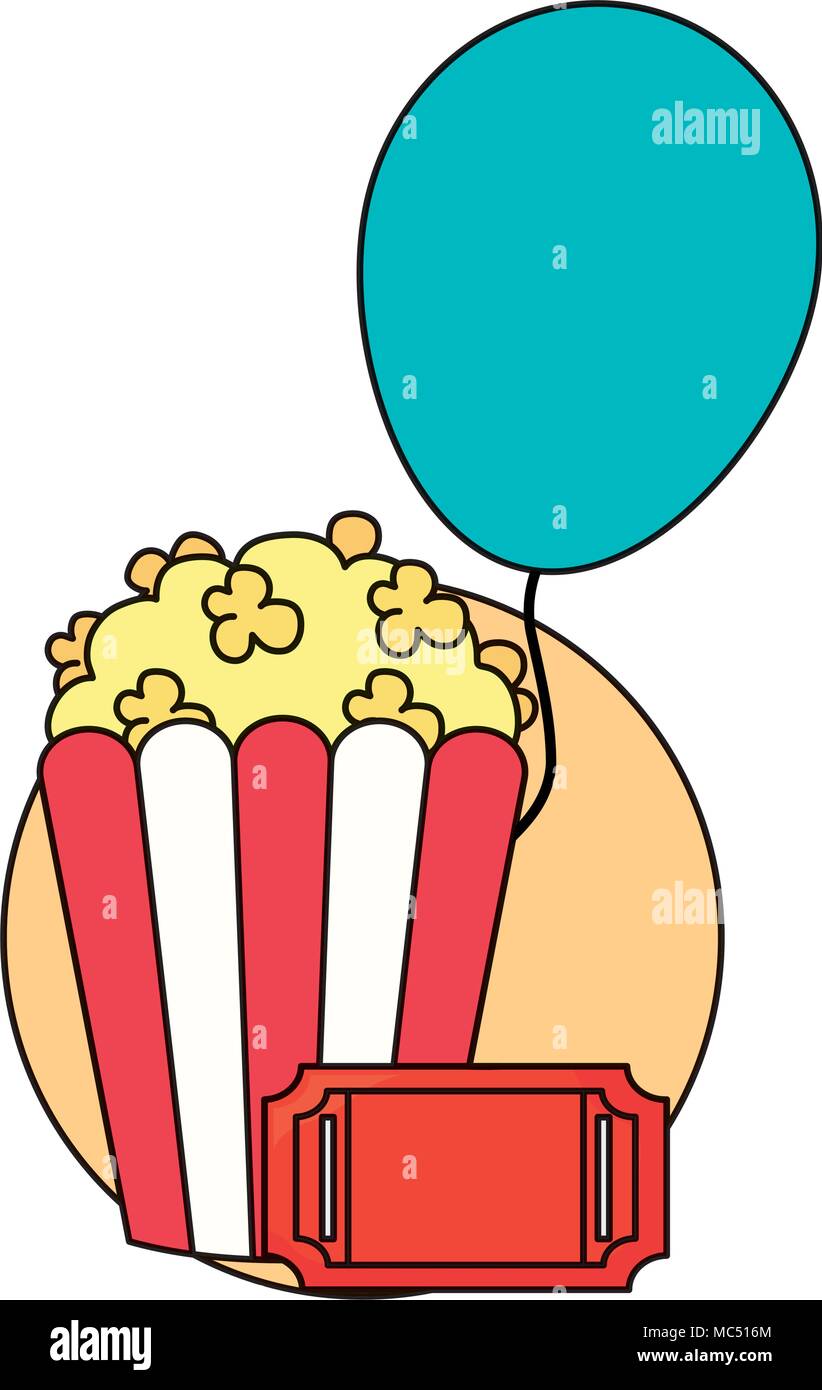 Pop corn avec ballon et icône ticket sur fond blanc, design coloré. vector illustration Illustration de Vecteur