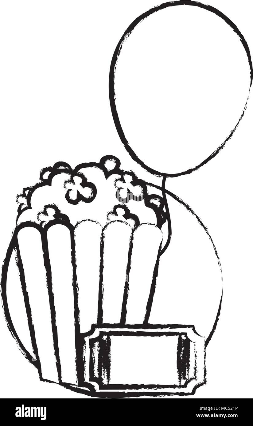 Croquis de pop corn avec ballon et icône ticket sur fond blanc, vector illustration Illustration de Vecteur