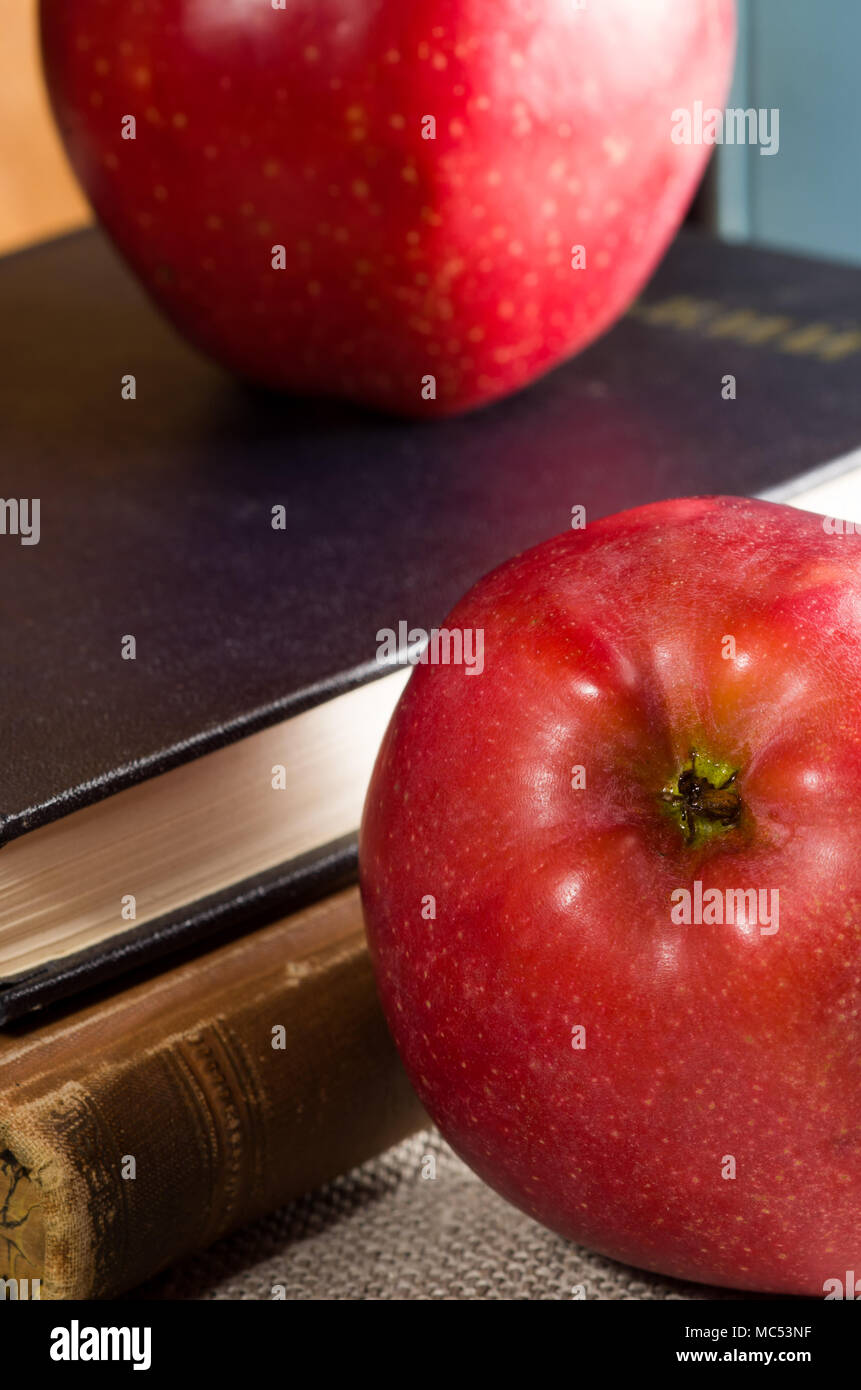 Fragment de vieux livres en couverture rigide et close-up red apple sur d'anciennes nappes gris avec une faible profondeur de champ Banque D'Images