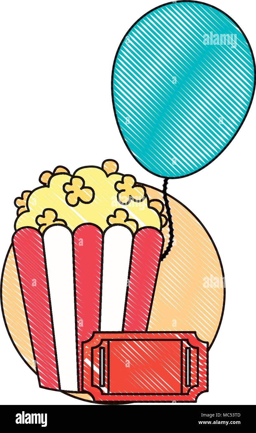 Pop corn avec ballon et icône ticket sur fond blanc, design coloré. vector illustration Illustration de Vecteur