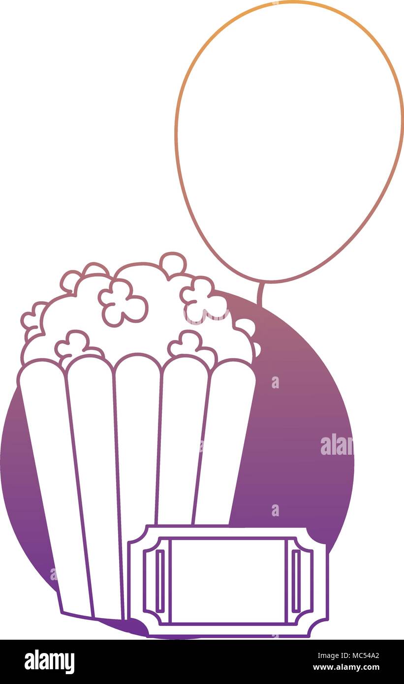 Pop corn avec ballon et icône ticket sur fond blanc, design coloré. vector illustration Illustration de Vecteur