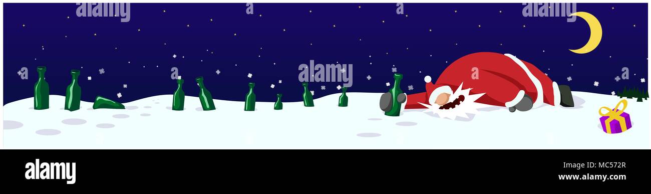 Père Noël ivre de bouteilles dans la neige, la célébration du Nouvel An humour caricature célébration banner, vector, horizontal Illustration de Vecteur