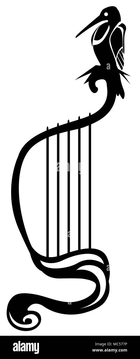 Oiseau Noir harpe stylisée, symbole d'illustration vectorielle, vertical, isolé Illustration de Vecteur