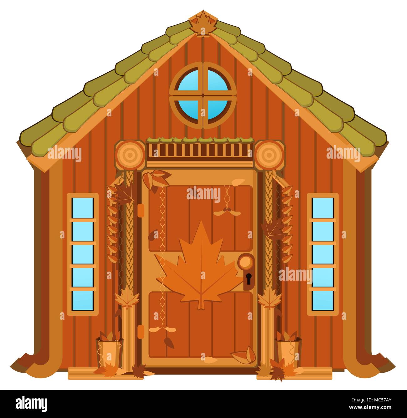 Feuille d'érable de montagne petite maison en bois, vector cartoon illustration horizontal, élément de design, brun-orange sur fond blanc, isolé Illustration de Vecteur