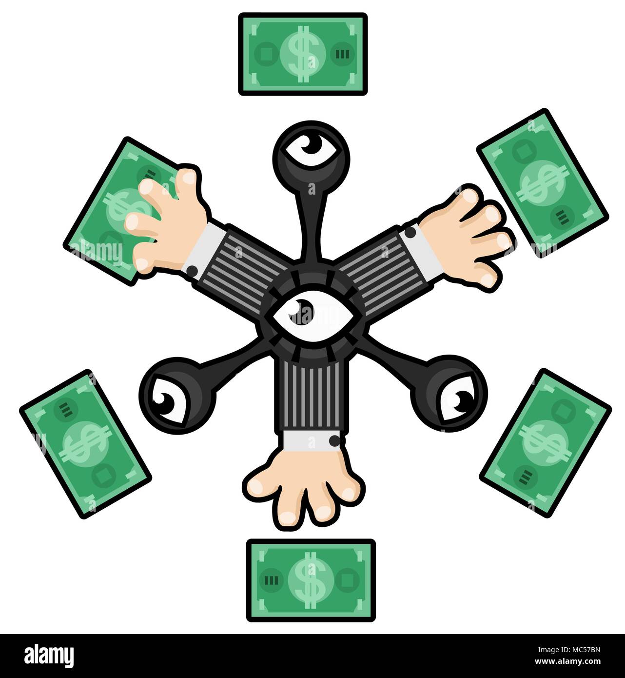 L'accaparement de l'argent de la conception d'armes surréalistes, vector illustration stylisé cartoon couleur, horizontal, sur fond blanc, isolé Illustration de Vecteur