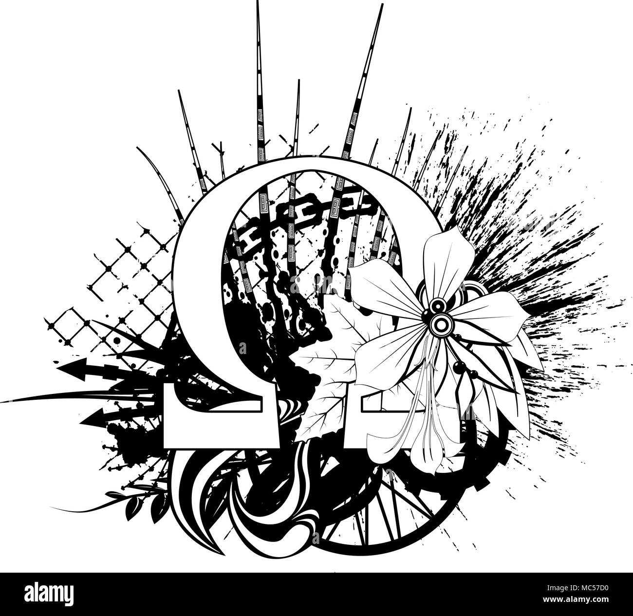 Signe symbole Omega design Grunge, noir et blanc Illustration de Vecteur