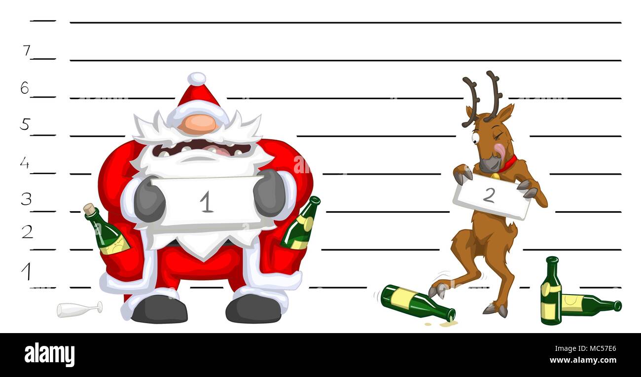 Le Père Noël et ses rennes séance d'ébriété, célébration de Noël dessin animé humoristique, vector, isolé Illustration de Vecteur